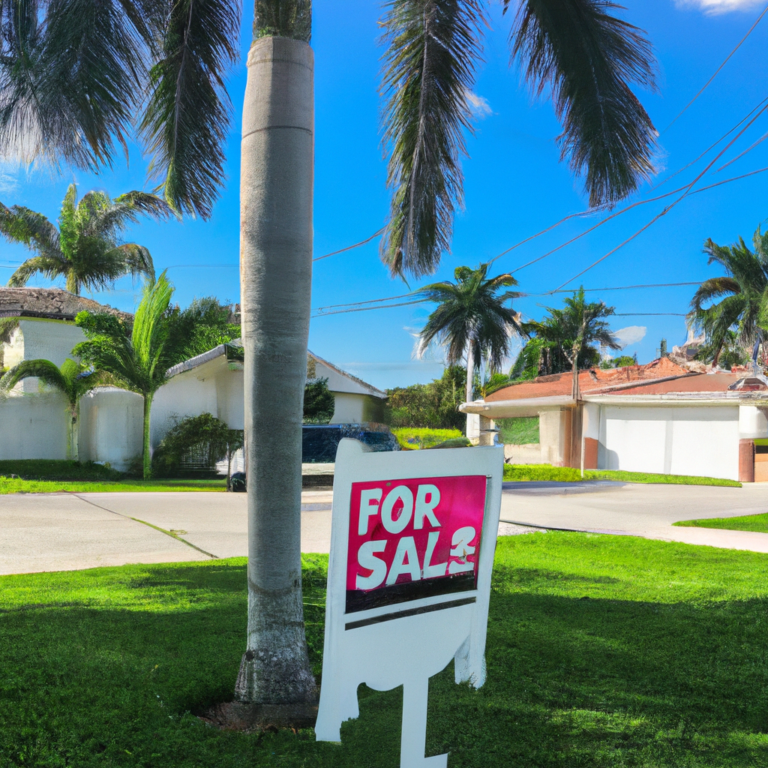 an image of a picturesque Hialeah neighborhood, showcasing an elegant, modern home with manicured lawns, palm trees swaying in the background, and a "For Sale" sign bearing the logo of Hialeah's top real estate agency