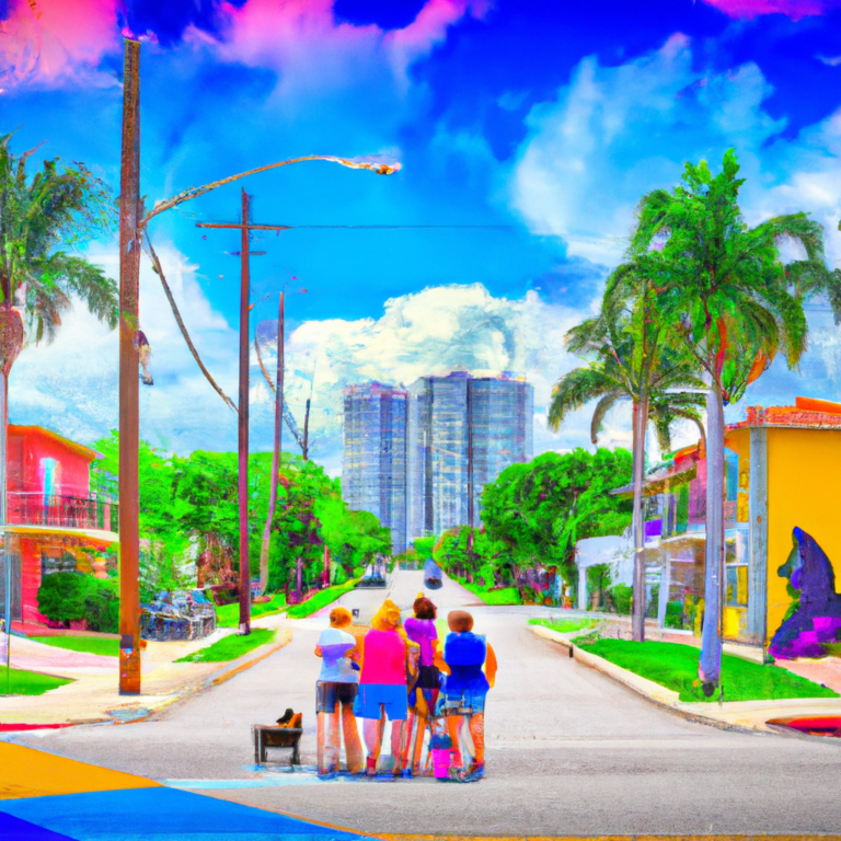 An image showcasing a bustling Hialeah neighborhood with colorful Art Deco-style houses, vibrant palm trees lining the streets, and a diverse group of people happily engaged with different real estate agencies