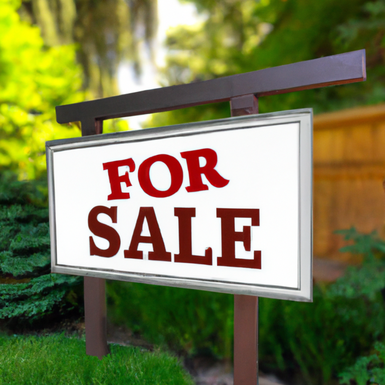 An image showcasing a vibrant "For Sale" sign in front of a beautifully renovated home, surrounded by lush greenery