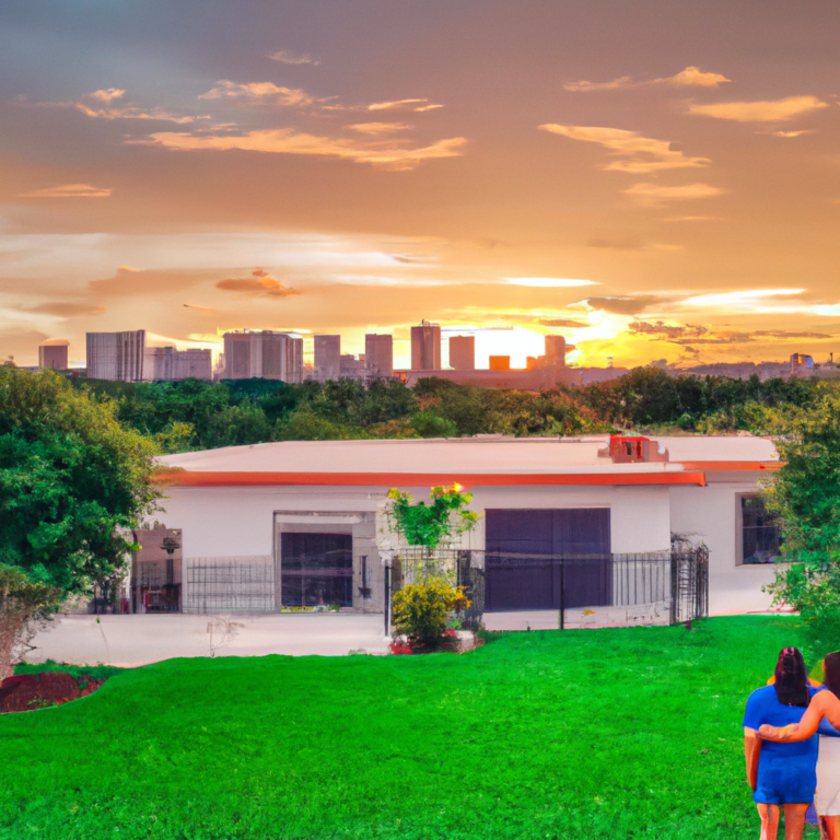 An image capturing a serene sunset over Hialeah's vibrant skyline, where a couple stands hand in hand, gazing at their dream home nestled amidst lush greenery, emanating a sense of comfort and fulfillment